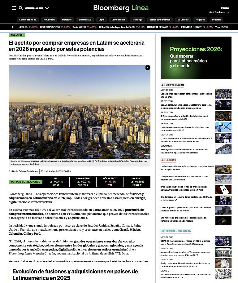 El apetito por comprar empresas en Latam se acelerar�a en 2026 impulsado por estas potencias